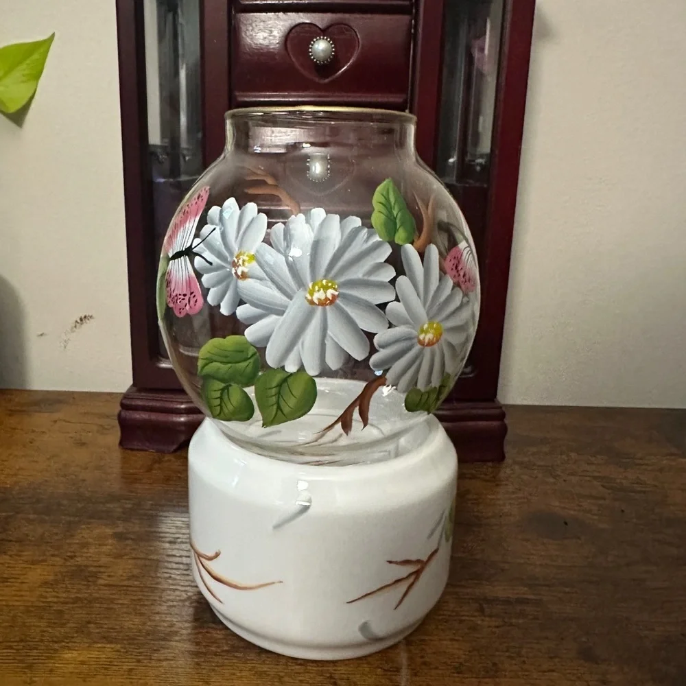 VtgHand Painted Floral Glass Globe Tea Light Candle Holder Lantern Set Butterfly